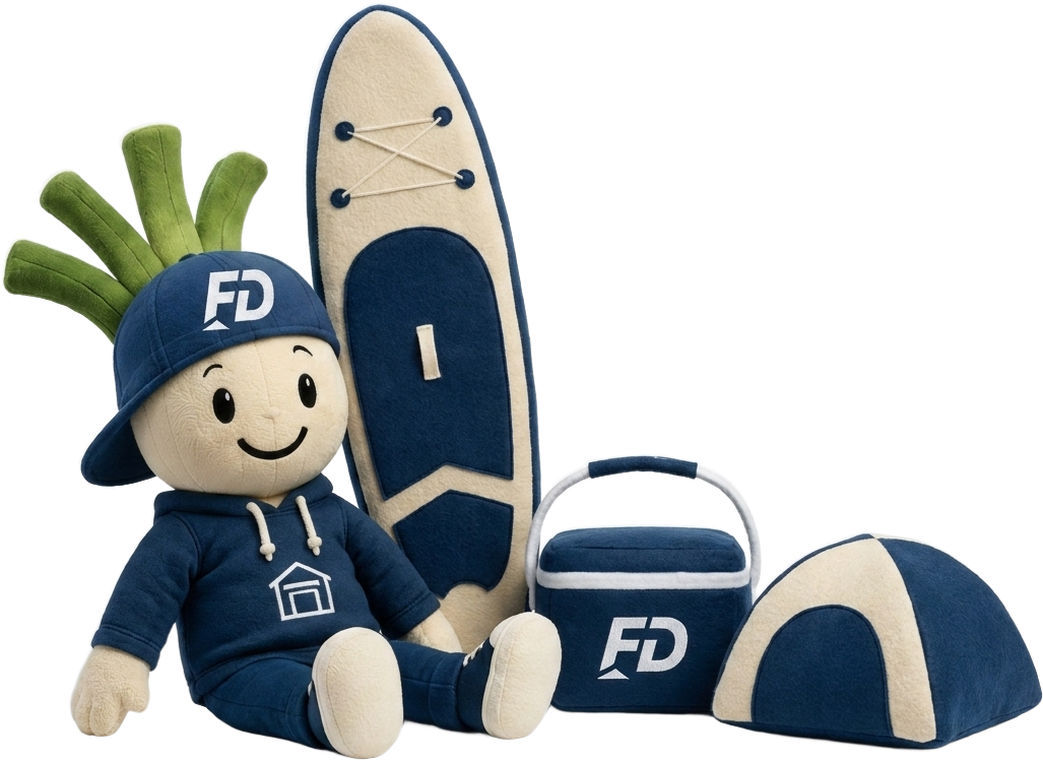 Unser Depot-Männchen mit SUP-Board, Kühlbox und Zelt