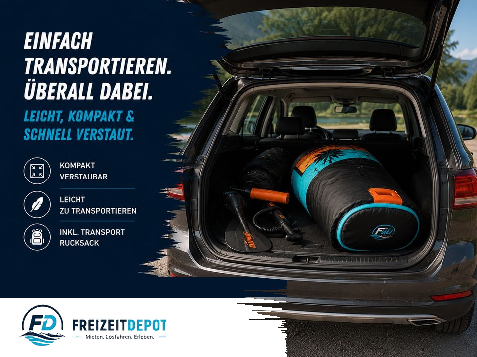 Werbemotiv Freizeitdepot: zusammengerolltes SUP-Set im Transportrucksack im offenen Kofferraum. Text im Bild: Einfach transportieren — überall dabei, passt in fast jeden Kofferraum.