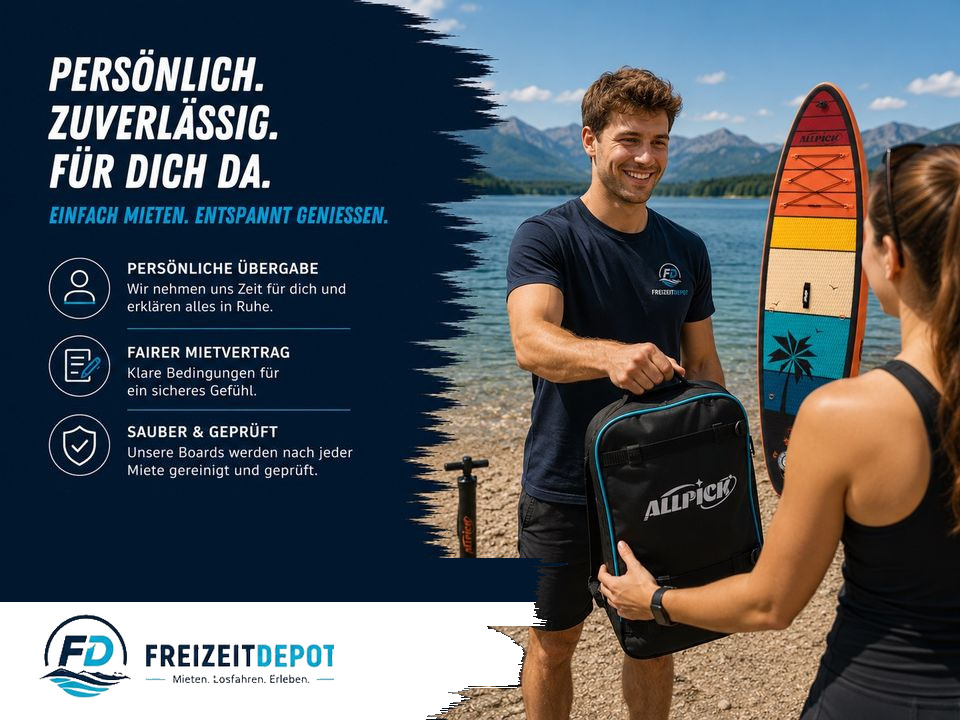 Werbemotiv Freizeitdepot: persönliche Übergabe des SUP-Sets. Text im Bild: Persönliche Übergabe mit Einweisung, fairer Mietvertrag, sauber und geprüft.
