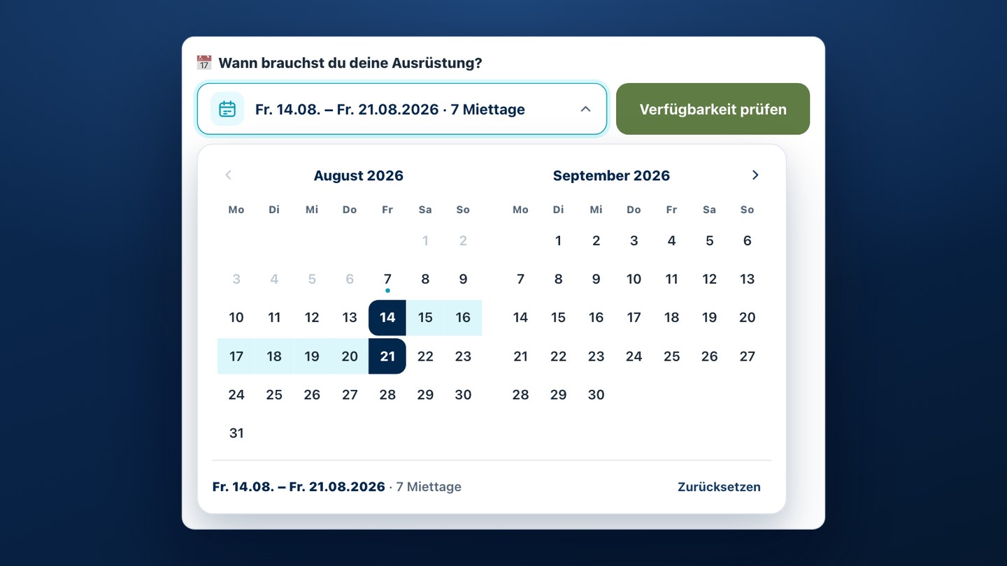Der Kalender der Seite mit gewähltem Zeitraum 14. bis 21. August 2026, sieben Miettage.