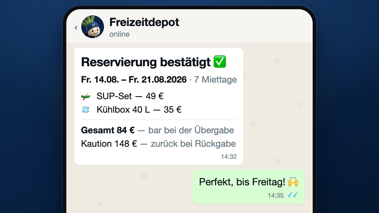 WhatsApp-Chat auf einem Handy: Freizeitdepot bestätigt die Reservierung mit Zeitraum, Artikeln, Gesamtpreis und Kaution.