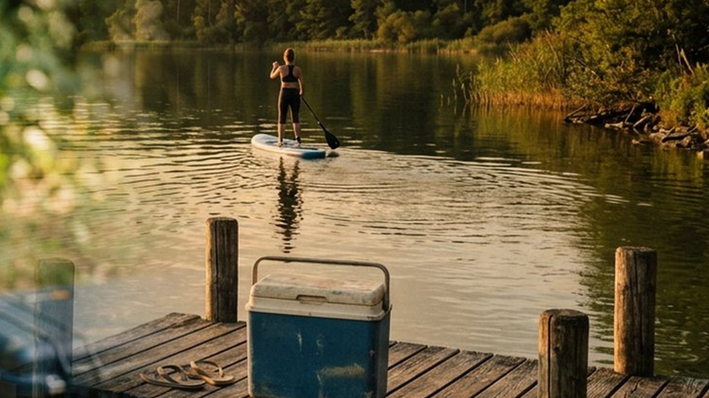 Steg am Badesee: die gemietete Kühlbox steht bereit, im Hintergrund fährt jemand mit dem SUP-Board.